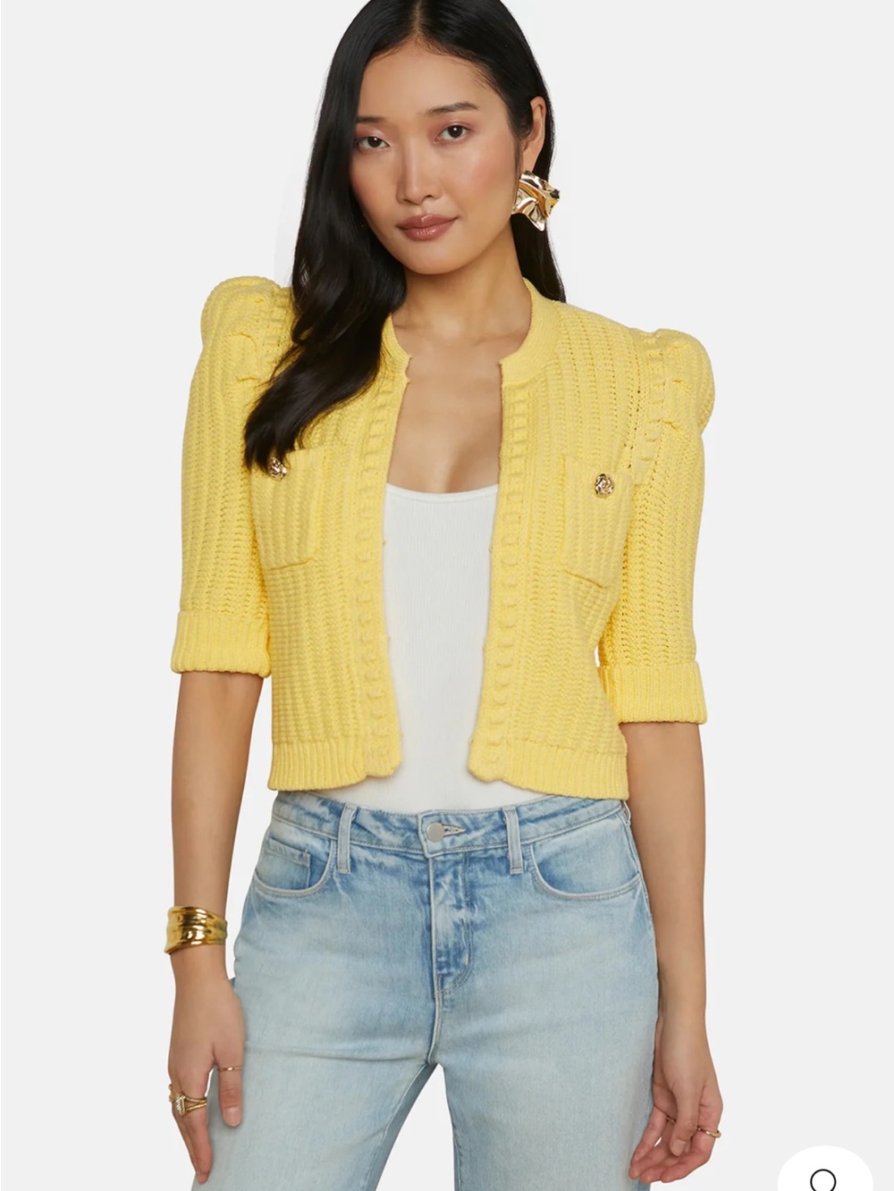 L'AGENCE Pale Yellow Short Puff-Sleeve Knit Cardigan